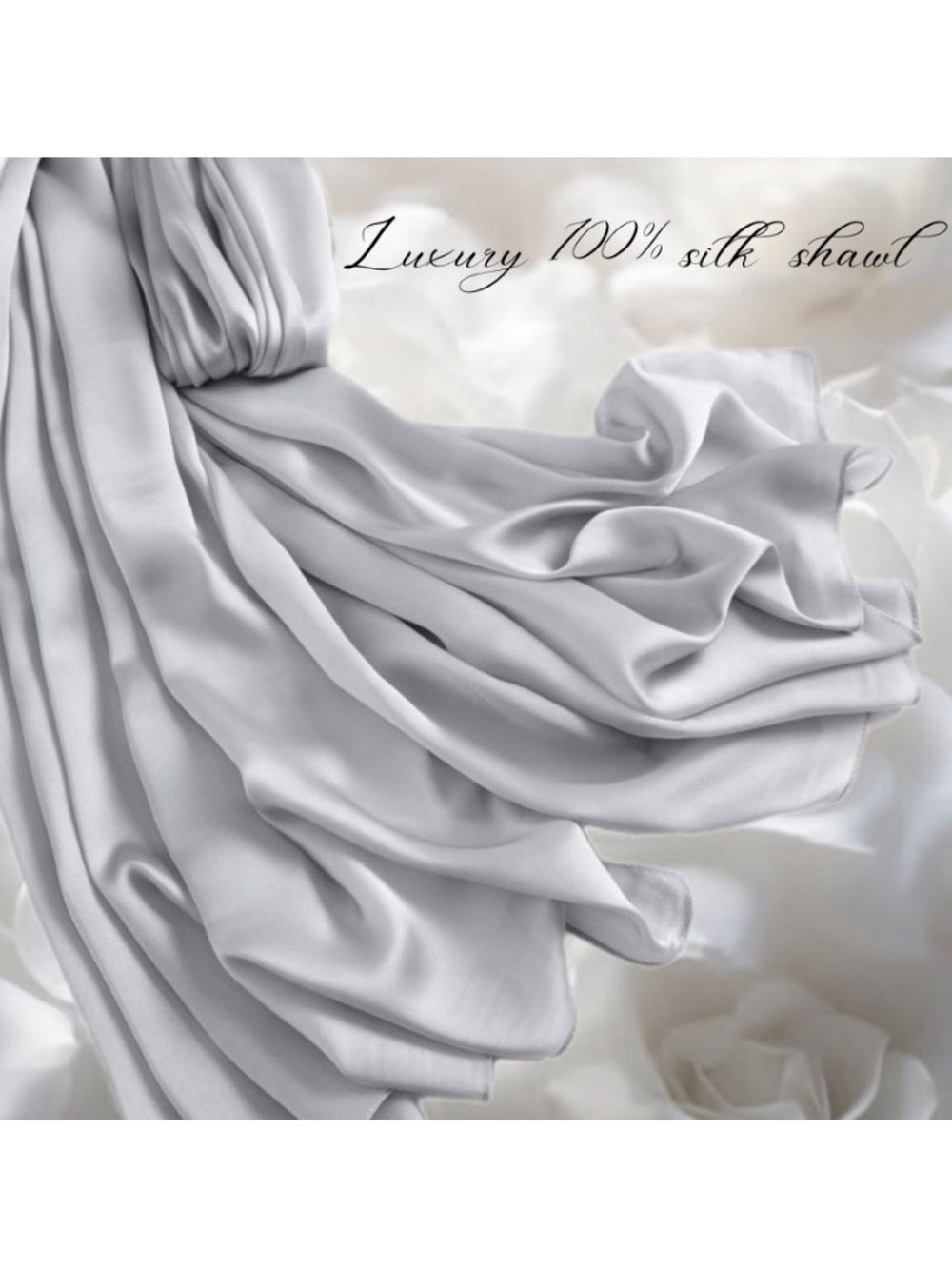 100% SILK SATIN Silver Grey Large Shawl Scarf Wedding Cover Up Lux Evening Wrap